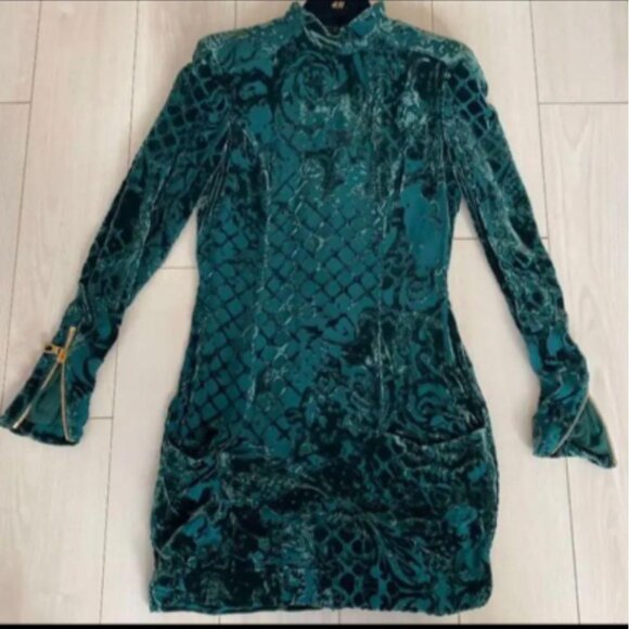 Balmain for H&M Velvet Green Floral Long Sleeve Gold Zip Dress Size 4 - Picture 5 of 5
